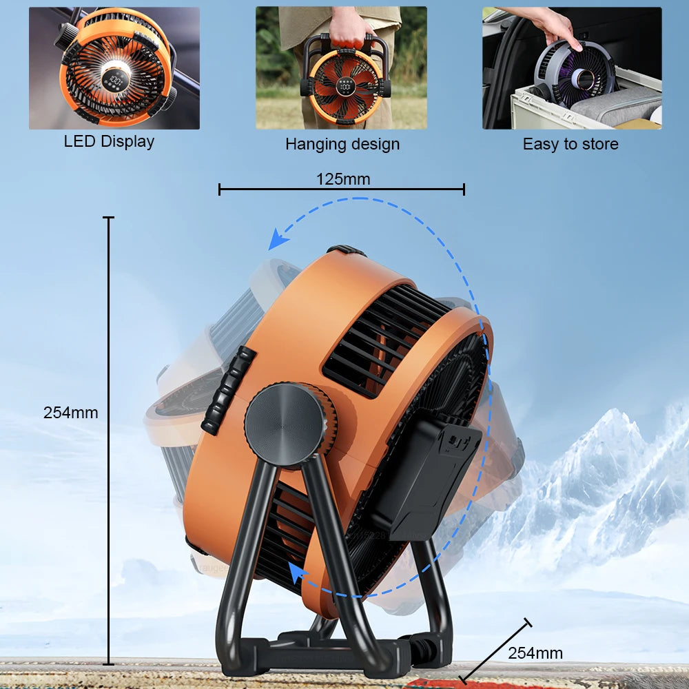 Camping Fan, 20000 mAh, Rechargeable, Portable, Outdoor Camping Fan, Cordless Tent Ceiling Fan with LED Light, Camping Air Circulator