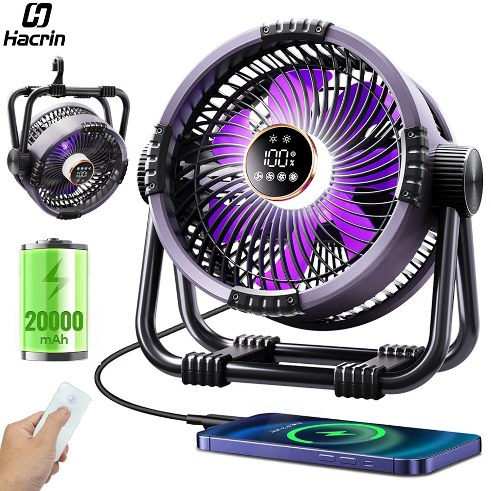 Camping Fan, 20000 mAh, Rechargeable, Portable, Outdoor Camping Fan, Cordless Tent Ceiling Fan with LED Light, Camping Air Circulator